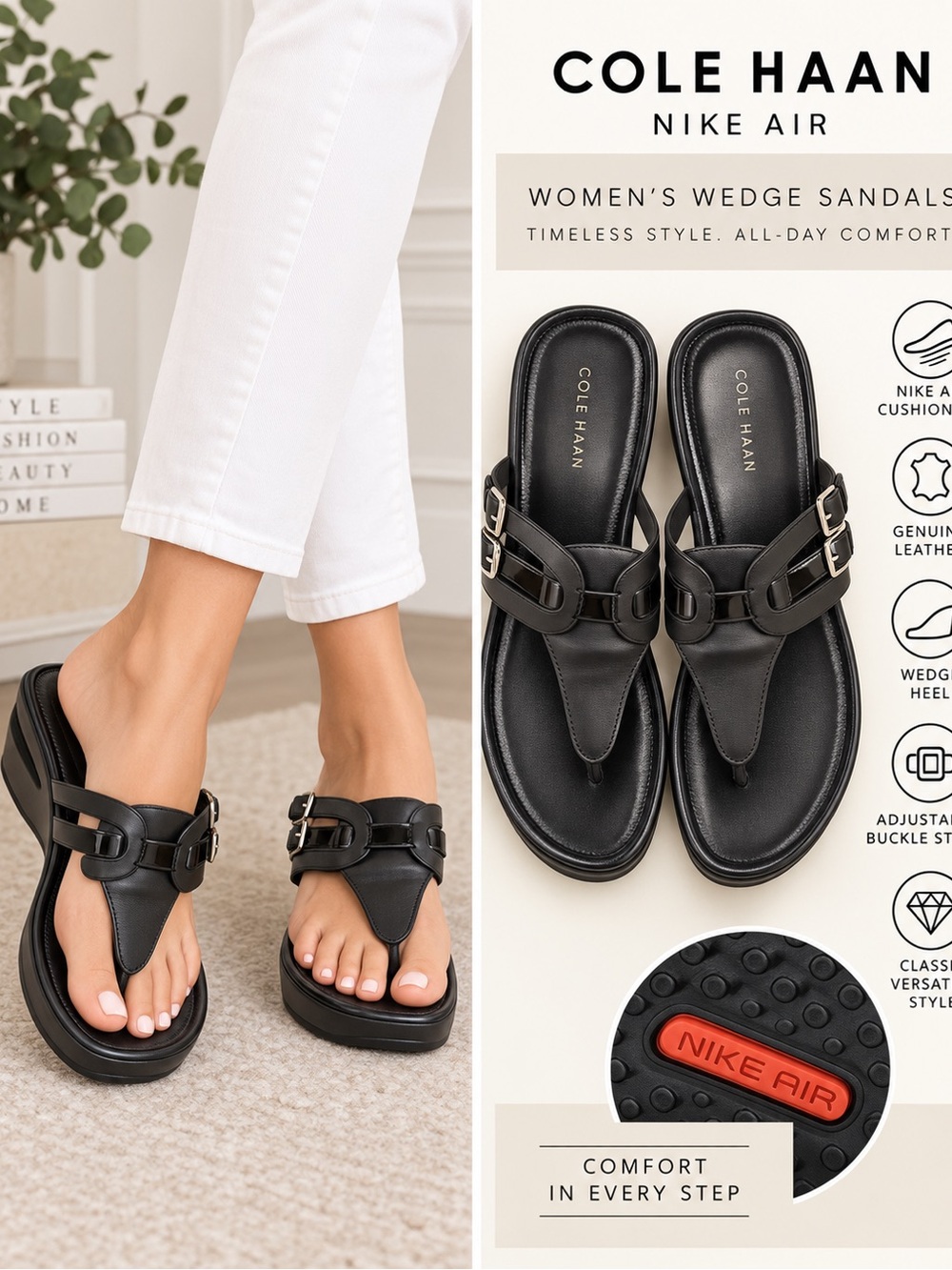 Cole Haan Nike Air Womens 6.5 Black Leather Thong Wedge Sandals Buckle